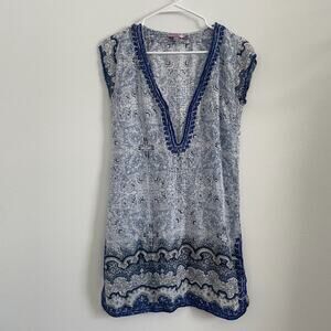Calypso St. Barth Cover Up Shift Women XS Blue Floral Tunic Sheer Sequin V Neck